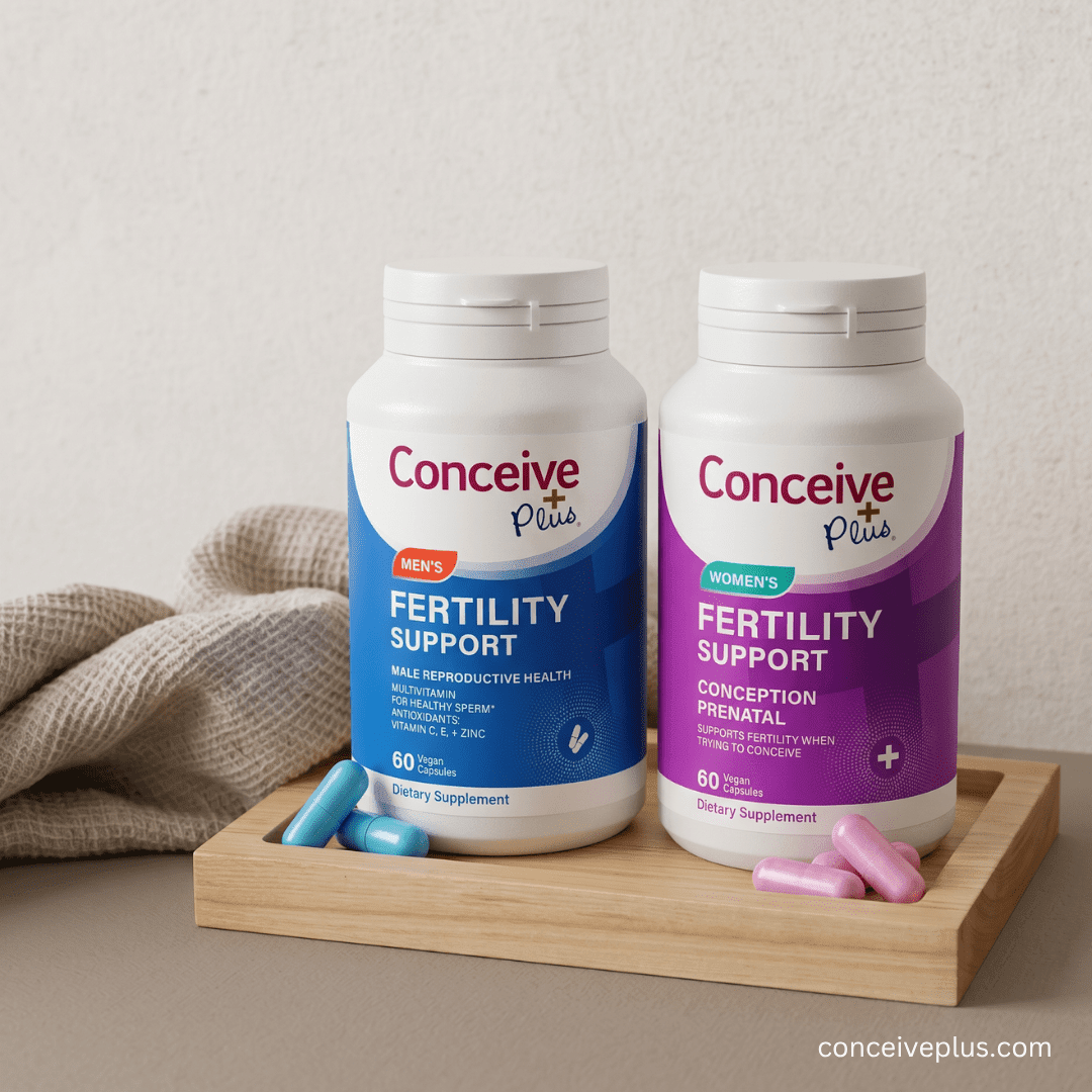 Two bottles of Conceive Plus fertility support supplements on a wooden tray with a neutral background.