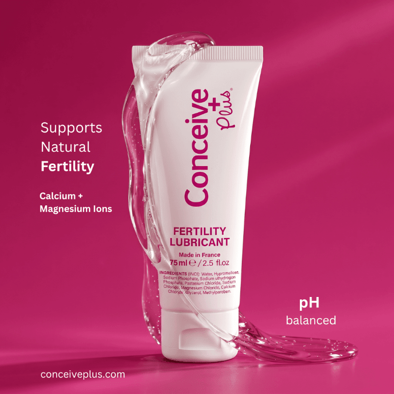 Conceive Plus fertility lubricant tube on a pink background