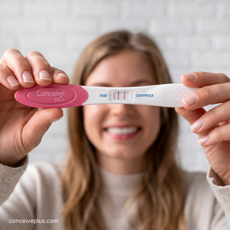 A woman holds a Conceive Plus pet pregnancy test horizontally in front of her face. The test has a pink handle and a white plastic body with blue text reading 'TEST' and 'CONTROLLE'.