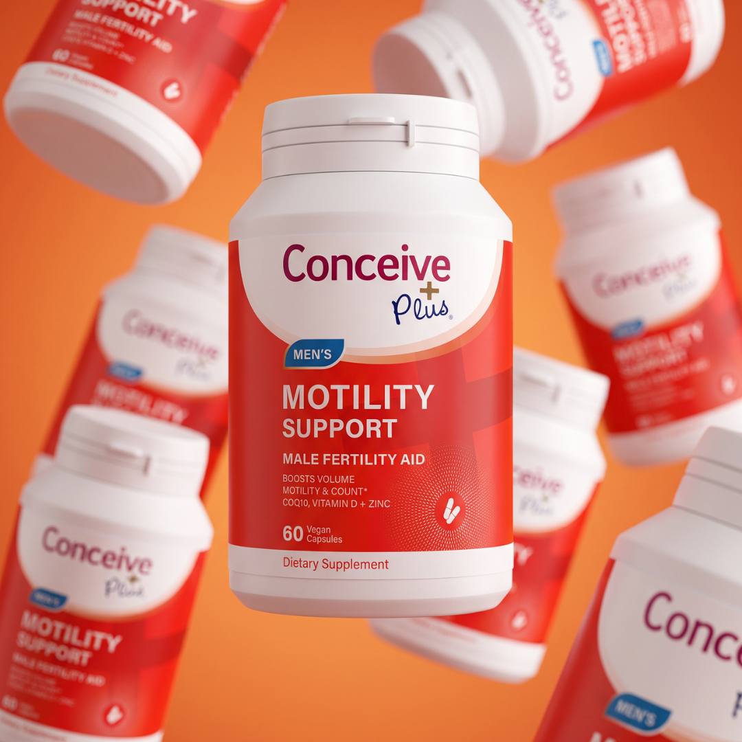 A white bottle of Conceive Plus Men's Motility Support dietary supplement is centered against a bright orange background, surrounded by multiple floating bottles of the same product in a dynamic commercial composition.