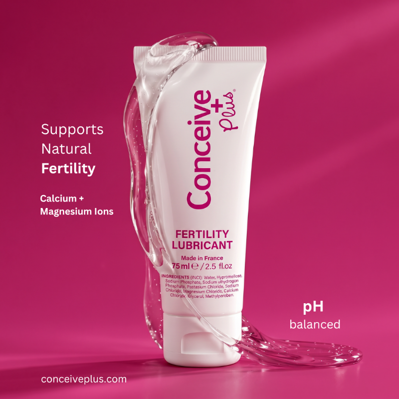 Conceive Plus fertility lubricant tube on a pink background