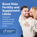 Advertisement for male fertility supplements with a couple embracing on a blue background