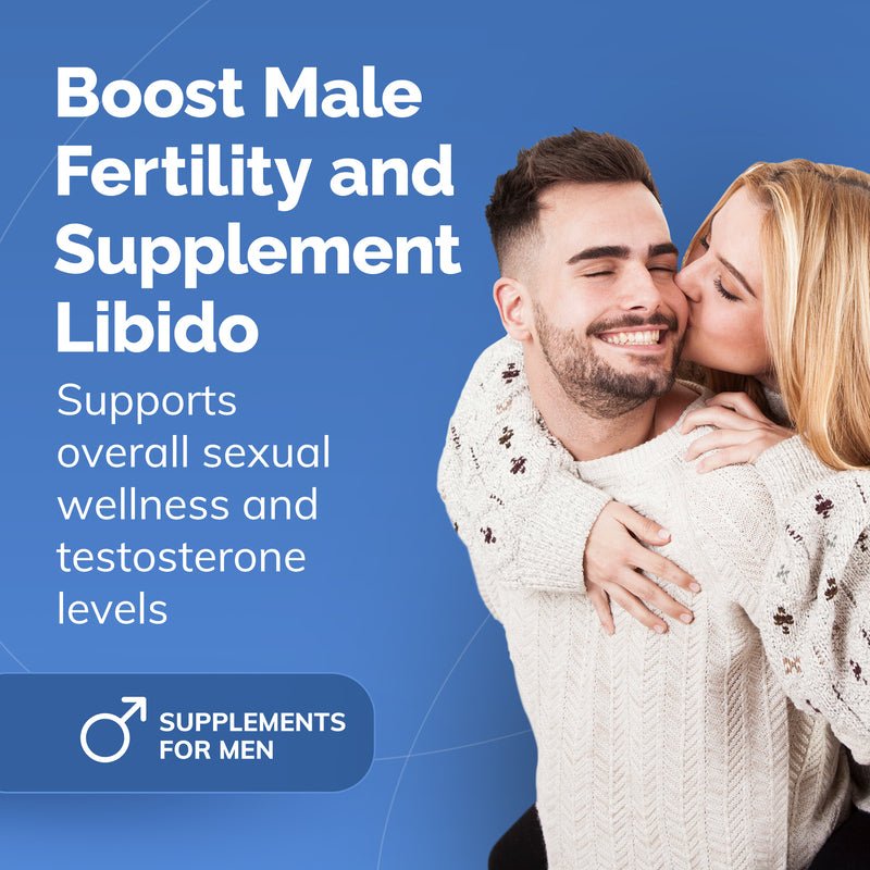 Advertisement for male fertility supplements with a couple embracing on a blue background