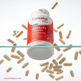 Supplement bottle labeled 'Conceive Plus Motility Support' with scattered capsules on a white background.