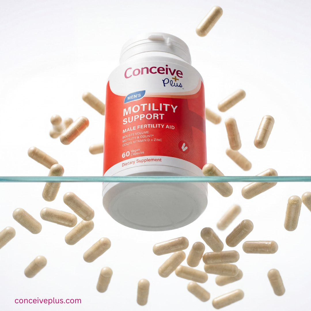 Supplement bottle labeled 'Conceive Plus Motility Support' with scattered capsules on a white background.