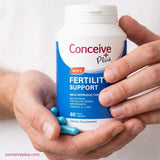 A person holds a white and blue bottle of Conceive Plus Fertility Support dietary supplement, with several blue capsules resting in their hands against a clean white background.