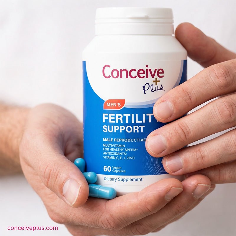 A person holds a white and blue bottle of Conceive Plus Fertility Support dietary supplement, with several blue capsules resting in their hands against a clean white background.