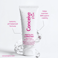 A white tube of Conceive Plus Fertility Lubricant with pink text, shown on a light gray background with decorative clear glass rings. Pink callout text highlights product features.