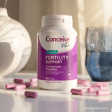 A white bottle of Conceive Plus Fertility Support dietary supplement with a purple label, shown on a reflective white surface with pink capsules scattered around it. A blurred white ceramic vase and a blue-tinted glass are in the background.